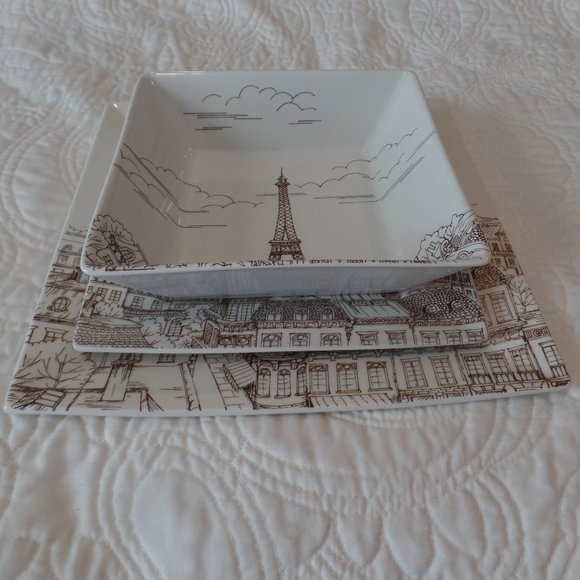 222 Fifth City Scenes Sepia Paris Eiffel Tower dinner/salad/bowl set - Picture 1 of 5